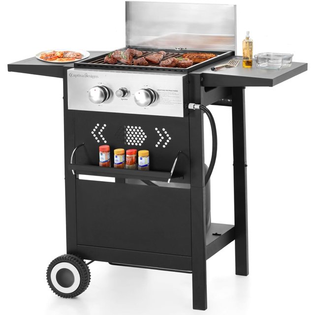 2Burner Gas BBQ Grill With Flat Top, Small Outdoor Propane Barbecue