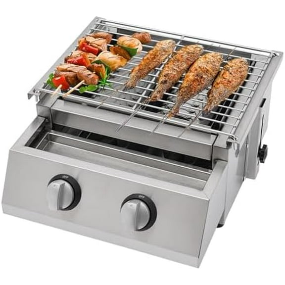 2-Burner Gas Grill, Barbeque Gas Grill Stainless Steel Outdoor BBQ Grills Adjustable Portable Propane Gas Barbecue Grills with Oil Drip Pan for Camping Picnics Family Gatherings$$Garden & Patio