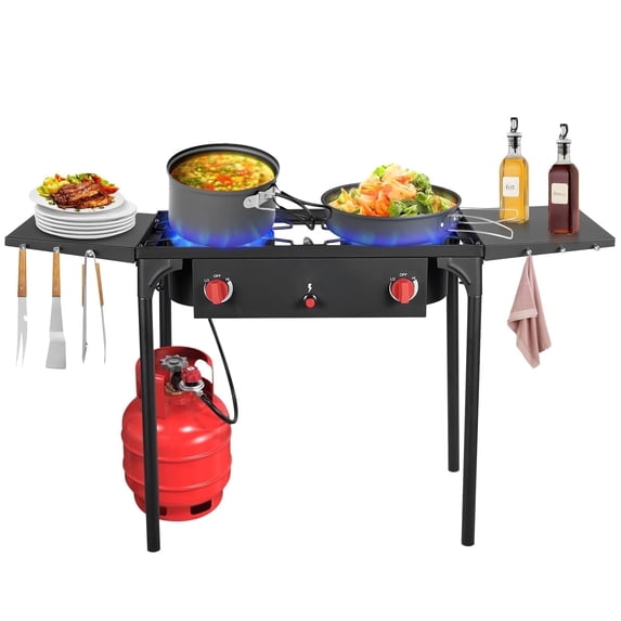 Frizi 2 Burner Gas Stove, Propane Outdoor Stove with Side Shelves, Auto Ignition Button, Removable Legs&Regulator, 150,000 BTU