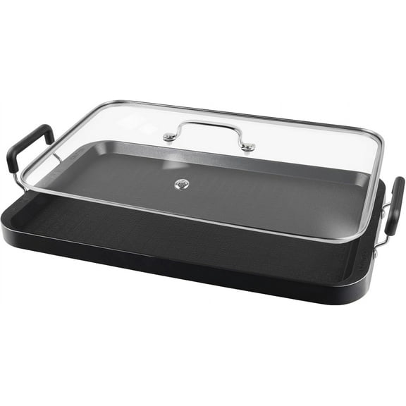 2 Burner Griddle Pan with Glass Lid, Stove Top Flat for Glass Stove Top, Aluminum Pancake, Non-Stick for Gas Grill, Double Burner Camping