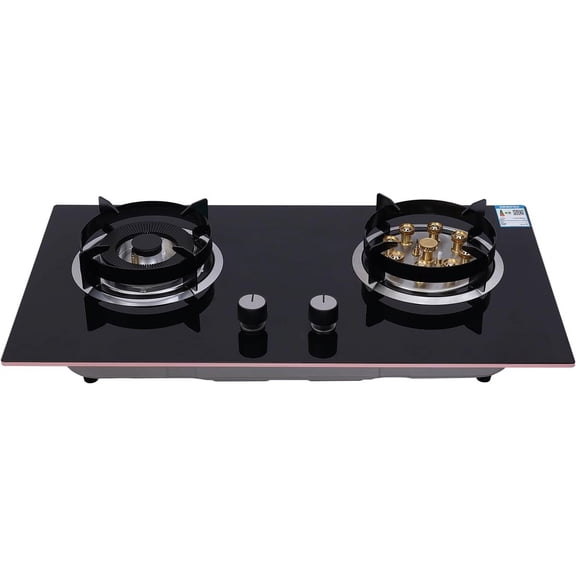 2 Burner Home Countertop Gas Stove, Black Tempered Glass Built-in Natural Gas Stove with Anti-Tempering Protection, 2 Combustion Chambers, Knob Control, for Home, Restaurant Kitchens