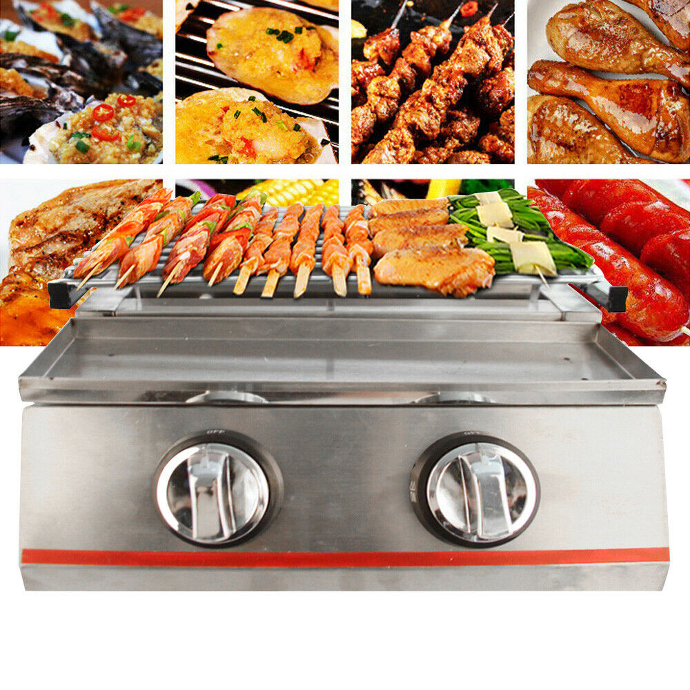2 Burner LPG Gas BBQ Grill Tabletop Smokeless Outdoor Barbecue Cooker Silver Stainless Steel Gas LPG Grill Outdoor BBQ Tabletop Cooker with Steel Cover Portable Camping BBQ Grill Stove Picnic Barbecue - image 1 of 3