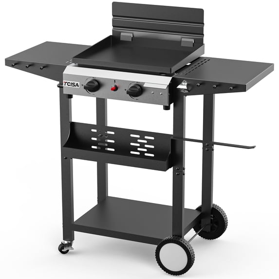 Tcisa 2 Burner Propane Gas Griddle with Standing Cart, Flat Top Grill with Hood for Camping, Tailgating, Backyard