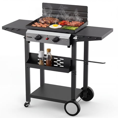 Tcisa 2 Burner Propane Gas Griddle with Standing Cart, Flat Top Grill with Hood for Camping, Tailgating, Backyard