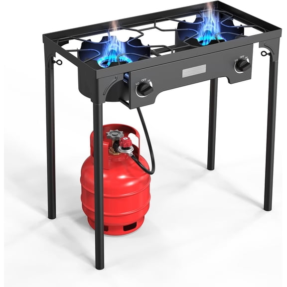 2 Burner Outdoor Propane Gas Stove with Regulator, Windpanel & Carrying Bag, 150,000 BTU Powerful Stand Cooker for Backyard Cooking Camping Home Brewing Canning Turkey Frying