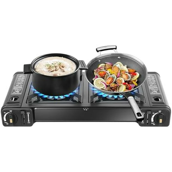 2-Burner Portable Camping Stove, Butane Camping Stove with Non-sticking Grill Tray Outdoor Travel Camp Stoves Double Burner Propane Gas Stoves for Camping BBQ Home$$Sport & Recreation Other