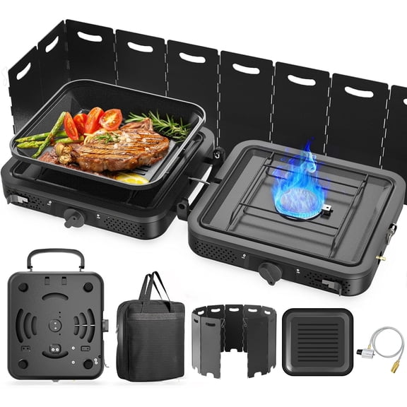 2 Burner Portable Camping Stove Propane, 17000 BTU Folding Camp Stove with Dual Adjustable Burners, Portable Propane Stove for Outdoor Cooking, Camping, BBQ