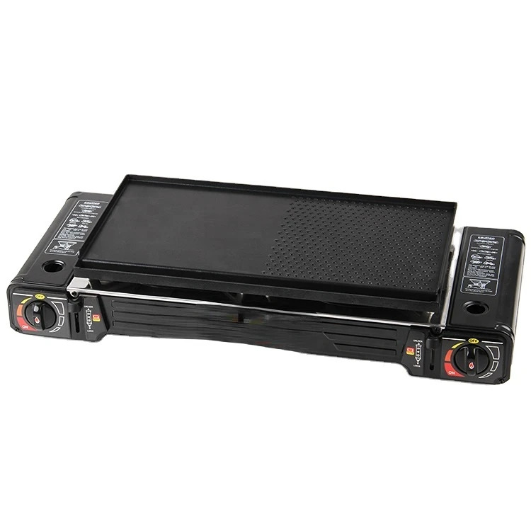 2 Burner Portable Gas Stove Dual-use Outdoor Camping Gas Cooker BBQ Grill Tabletop Cassette Stove with Baking Plate 62.8*28*12cm