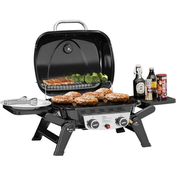 2-Burner Portable Propane Gas Grill with Foldable Side Tables, Outdoor Tabletop Gas Grill, 17,000 BTU, 370 Sq. In. Cooking Area, Travel, Picnic, Tailgate, Camping, Black, GT2005-SC