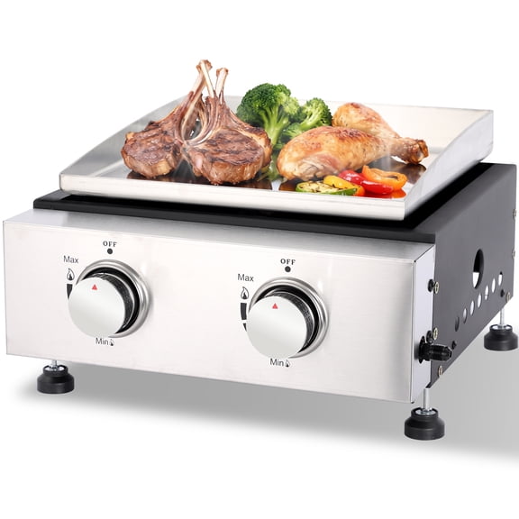 2-Burner Portable Tabletop Gas Grill with Stainless Steel Griddle, Includes Cover & Regulator - Perfect for Camping, Tailgating, Backyards