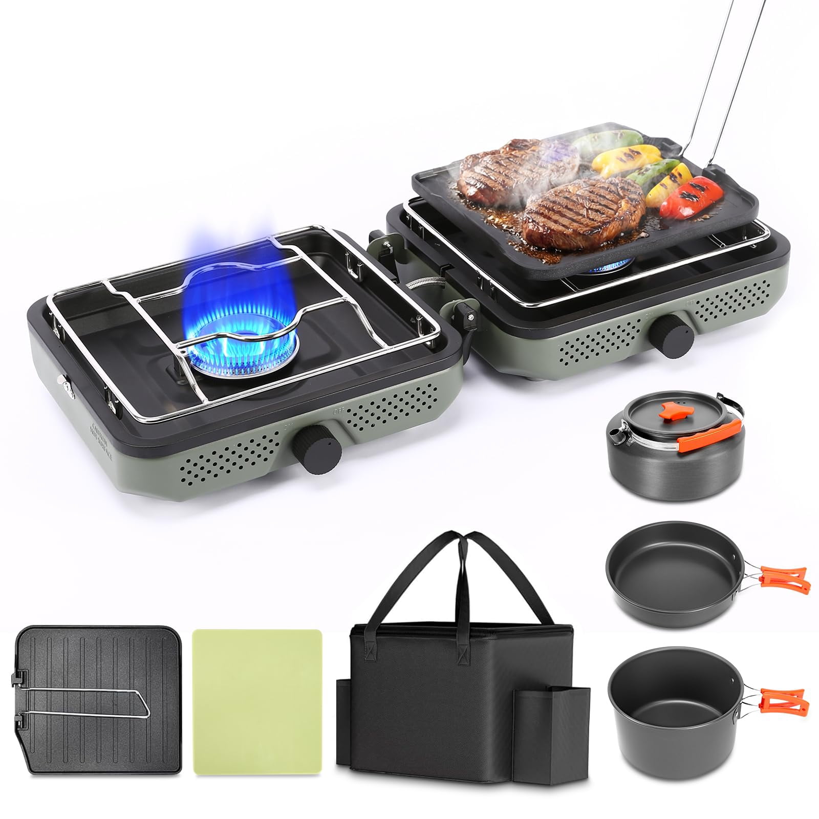 2 Burner Propane Camping Stove  30000 Btu Foldable Portable Gas With Cookware Set & Carry Bag Outdoor Cooking For Rv Emergency Use Green