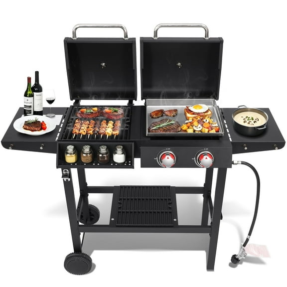 2 Burner Propane Gas & Charcoal Combo Grill with Griddle, 19100 BTU Outdoor BBQ Smoker BBQ Grill with Side Burner, Cast Iron Grates, Temperature Gauge, Cart with Wheels