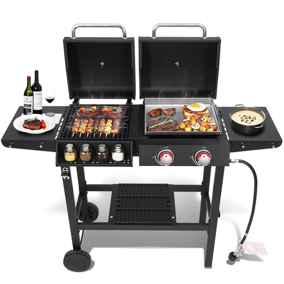 2 Burner Propane Gas & Charcoal Combo Grill with Griddle, 19100 BTU Outdoor BBQ Smoker BBQ Grill with Side Burner, Cast Iron Grates, Temperature Gauge, Cart with Wheels