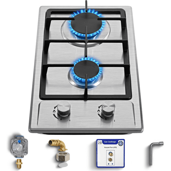 2 Burner Propane Gas Cooktop, 12" Inch LPG/NG Dual Fuel Built-in Gas Stove Top, Stainless Steel Electronic Ignition Gas Hob for Apartment, Outdoor, RVs(L12"W20")