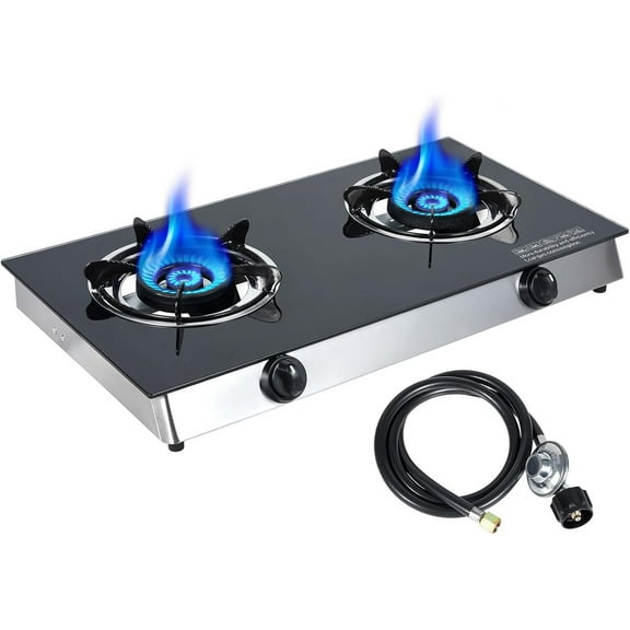 2 Burner Propane Gas Cooktop, Portable Tempered Glass Double Burner Stove with Auto Ignition, 19,000 BTU, CSA Certified Regulator & Hose, Outdoor Camping RV BBQ Kitchen LPG Gas Stove