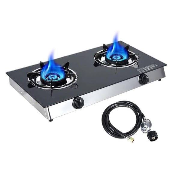 2 Burner Propane Gas Cooktop, Portable Tempered Glass Double Burner Stove with Auto Ignition, 30,000 BTU, CSA Certified Regulator & Hose, Outdoor Camping RV BBQ Kitchen LPG Gas Stove