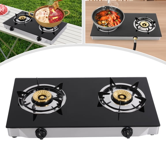 2-Burner Propane Gas Cooktop, Tempered Glass, Outdoor Grill and Camping Stove, Auto Ignition LPG Stove for RV, Apartments