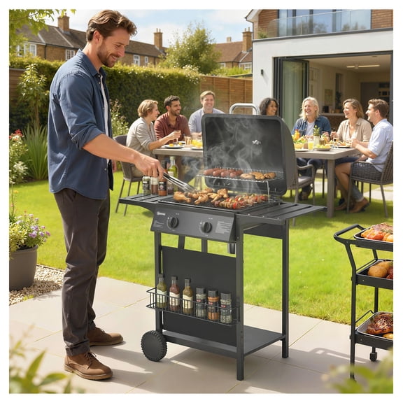 2 Burner Propane Gas Grill 18000 BTU BBQ Grill with Wheels, Warming Rack, Black