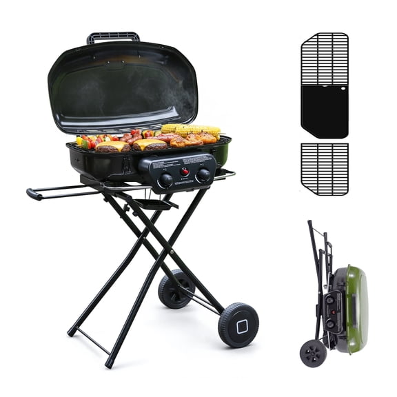 2 Burner Propane Gas Grill with Dual Cooking Surfaces, Porcelain Grate & Extra Griddle, Push-Button Ignition, Foldable Portable BBQ with Wheels for Backyard Patio Camping