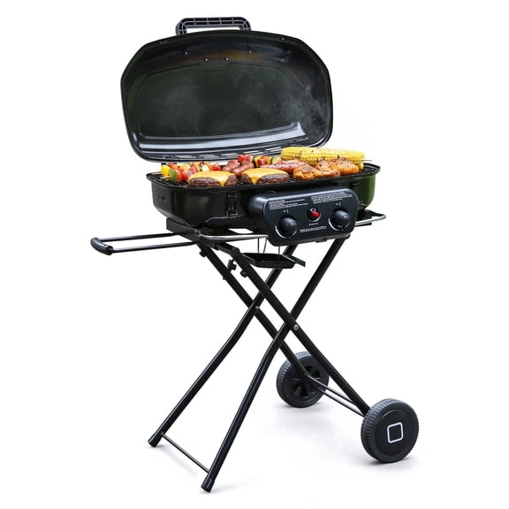2 Burner Propane Gas Grill with Dual Cooking Surfaces, Porcelain Grate & Extra Griddle, Push-Button Ignition, Foldable Portable BBQ with Wheels for Backyard Patio Camping