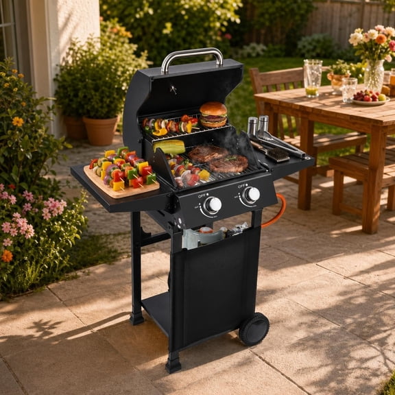 2-Burner Propane Gas Grill Foldable Side Tables, 16000 BTU, 234 Sq In, Built-in Thermometer, Locking Casters Outdoor, Camping, Beach Black