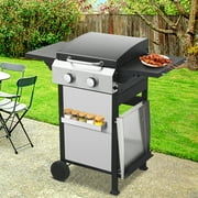 2 Burner Propane Gas Grill and Griddle Combo, Propane BBQ Grill with Foldable Side Table, Hanging Basket, and Tool Hooks for Backyard Camping Cooking, 2 in 1, 24,600BTU Output