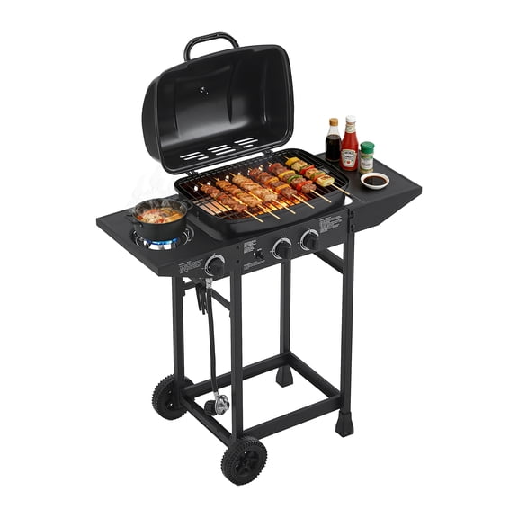 2 Burner Propane Gas Grill In Black With Side Burner 24000 BTU Cooking Power
