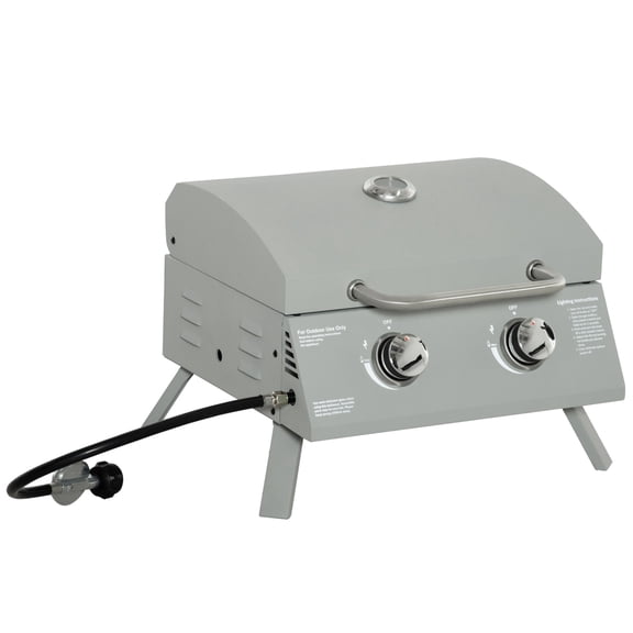 2 Burner Propane Gas Grill Portable Tabletop BBQ with Foldable Legs Lid Thermometer for Camping Light Grey