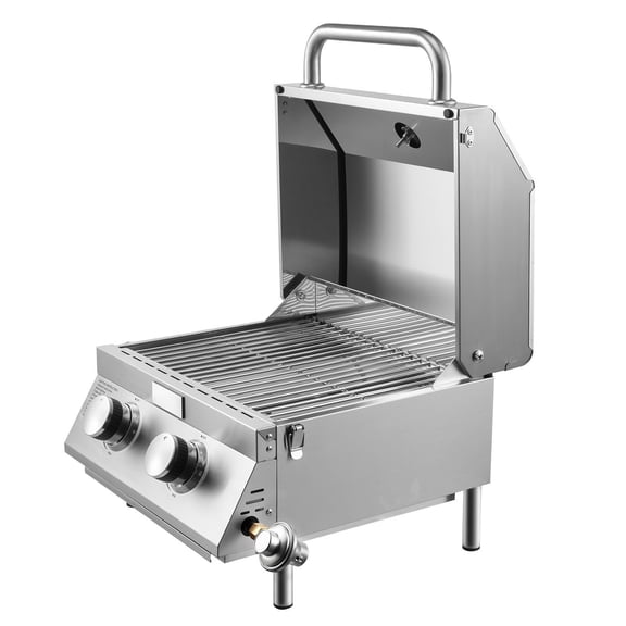 2-Burner SS Propane Tabletop Grill Thermometer Lock 15KBTU