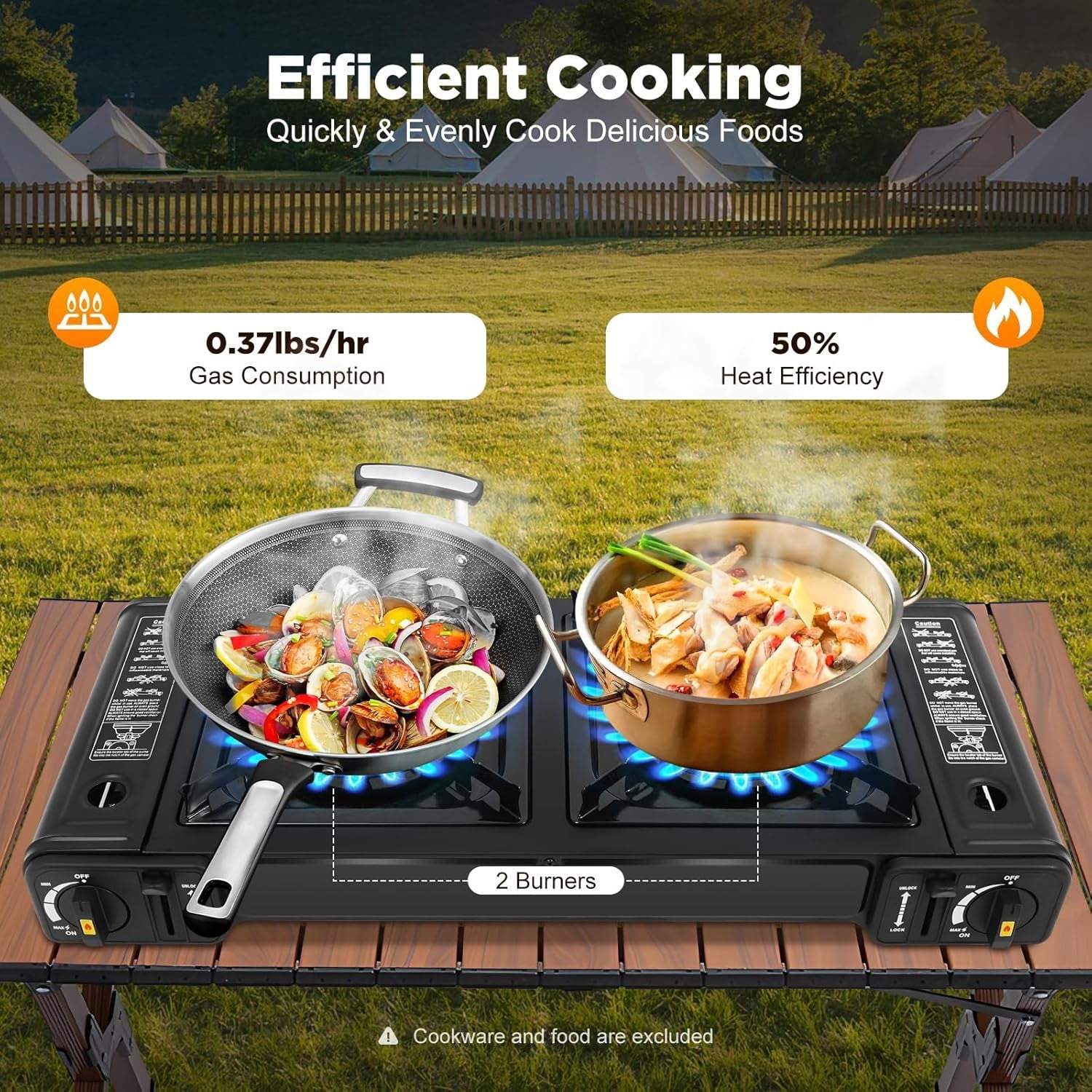 2 Burners Camping Stove, 2500W, Camping Stove with Baking Tray&Portable Case for Hiking, BBQ, Picnic