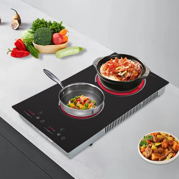 2 Burners Electric Cooktop, 110v 1500W Plug in Ceramic Cooktop, 20 Inch Countertop & Built-in Electric Stove Top with Child Safety Lock, Timer, Over-Temperature Protection