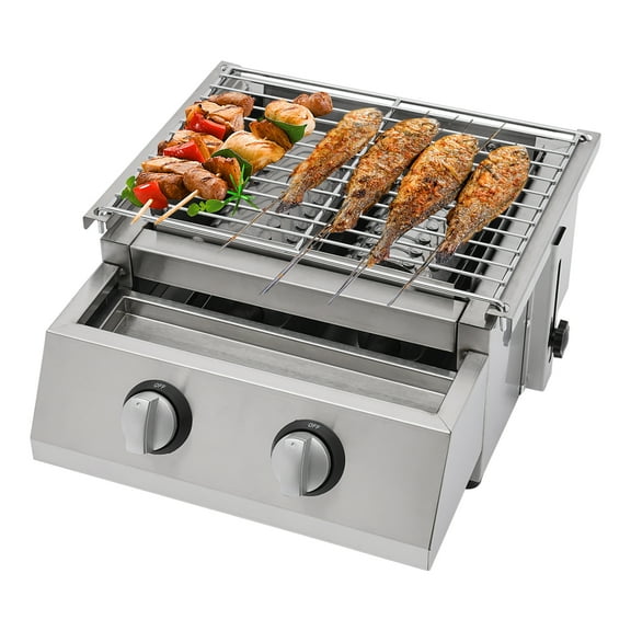 2-Burner Gas BBQ Grill, Stainless Steel, Propane Gas, Tabletop with Adjustable Height and Smokeless Cooking Features
