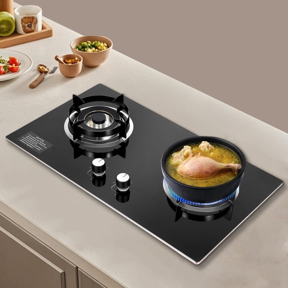 2 Burners Gas Cooktop Natural Gas Stoves for Kitchen, Gas Stove Top Stainless Steel Built-in Gas Cooktop Gas Hob for RVs, Apartments, with Anti-Tempering (Not Included Gas Pipe)