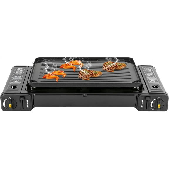 2 Burners Portable Camping Stove with Grill Pan, BDZ-180A Double Burners Outdoor Propane Camping Stove Butane Stove Butane Burner Emergency Cooking Stove Perfect for Camping, Hiking