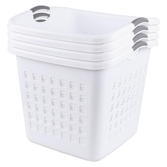 2 Bushel/70 L Large Ultra Square Laundry Basket, Plastic Laundry Hamper with Easy Carry Handle, White, Pack of 4