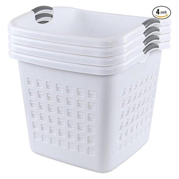 2 Bushel/70 L Ultra Square Plastic Laundry Basket, Set of 4 Tall Plastic Laundry Basket with Handles, White