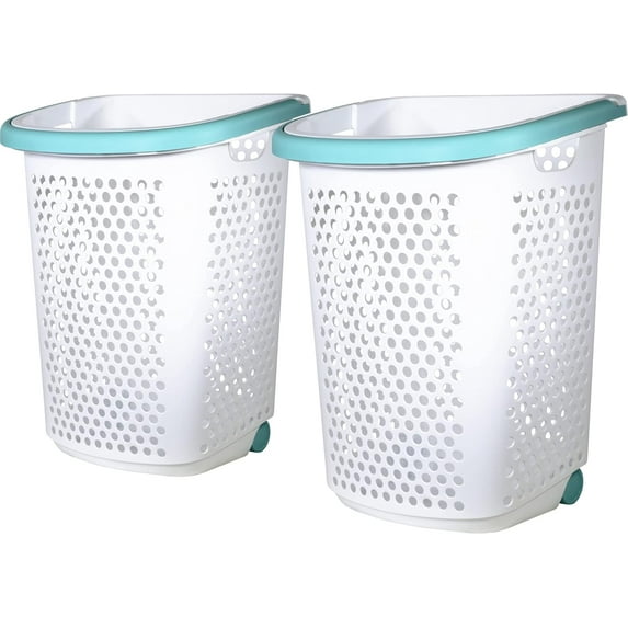 2 Bushel Rolling Plastic Laundry Hamper with Pop-up Handle, White, 2 Pack