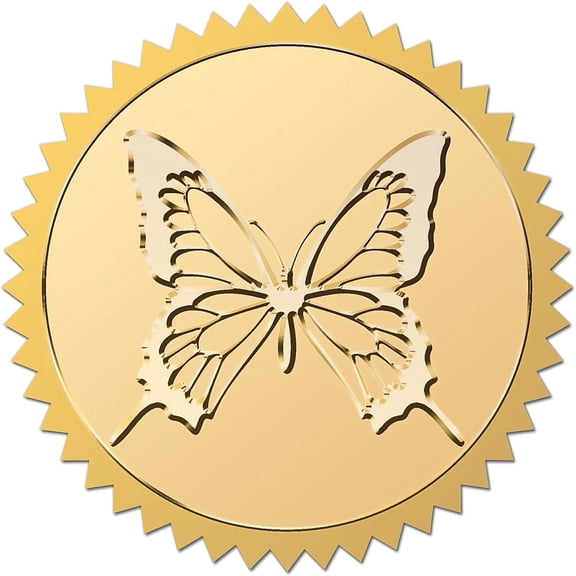 2" Butterfly Gold Seal Stickers Self Adhesive Golden Envelopes Sticker Round Embossing Certicate Seals Label Serrated Edge 100Pcs