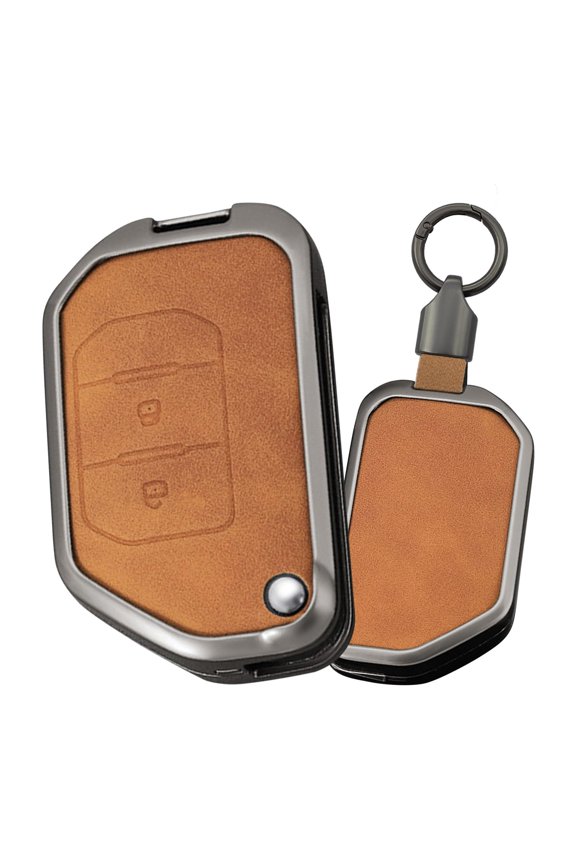 2 Button Flip Key Fob Cover Compatible with Jeep Gladiator JT Sahara JLU 2018-2023 Fit for Jeep Wrangler JL JLU Rubicon Accessories Leather& Zinc Alloy Key Shell with Keychains-2 Button