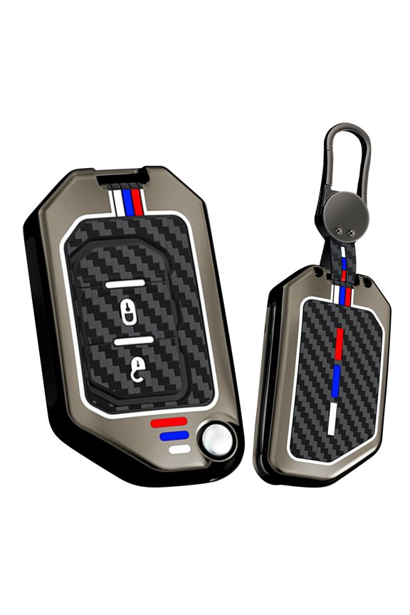 2 Button Flip Key Fob Cover Compatible with Jeep Gladiator JT Sahara JLU 2018-2023 Fit for Jeep Wrangler JL JLU Rubicon Accessories Leather& Zinc Alloy Key Shell with Keychains-2 Button