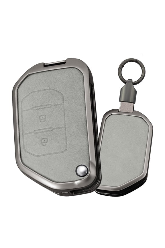 2 Button Flip Key Fob Cover Compatible with Jeep Gladiator JT Sahara JLU 2018-2023 Fit for Jeep Wrangler JL JLU Rubicon Accessories Leather& Zinc Alloy Key Shell with Keychains-2 Button