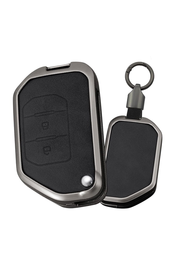 2 Button Flip Key Fob Cover Compatible with Jeep Gladiator JT Sahara JLU 2018-2023 Fit for Jeep Wrangler JL JLU Rubicon Accessories Leather& Zinc Alloy Key Shell with Keychains-2 Button