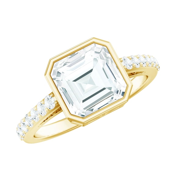 Rosec Jewels Bezel Set Solitaire Moissanite Ring with Surfaced Prong Side Stones, 10K Yellow Gold, US 8.50