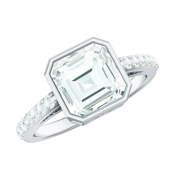 Rosec Jewels 2 CT Bezel Set Solitaire Moissanite Ring with Surfaced Prong Side Stones, 18K White Gold, US 11.00