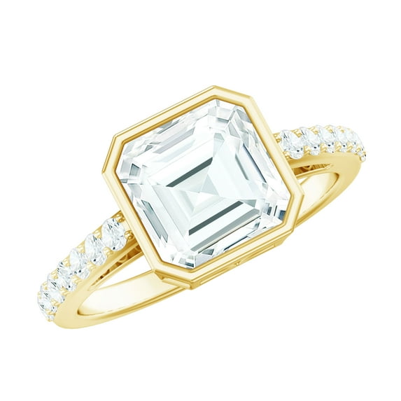 Rosec Jewels 2 CT Bezel Set Solitaire Moissanite Ring with Surfaced Prong Side Stones, 18K Yellow Gold, US 3.00