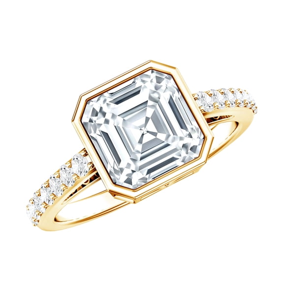 Bezel Set Solitaire Moissanite Ring with Surfaced Prong Side Stones, 18K Yellow Gold, US 3.00
