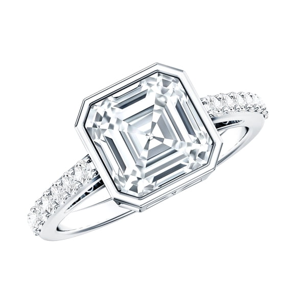 Bezel Set Solitaire Moissanite Ring with Surfaced Prong Side Stones, 925 Sterling Silver, US 4.00