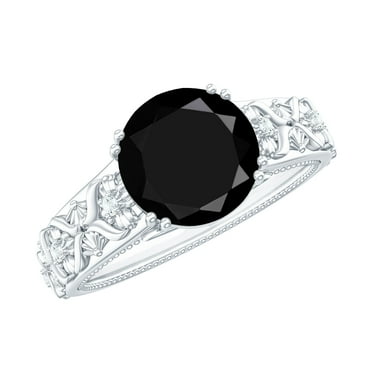 Rosec Jewels 2 CT Black Spinel Engagement Ring with Diamond, Floral Inspired Engraved Ring, 925 Sterling Silver, US 4.00
