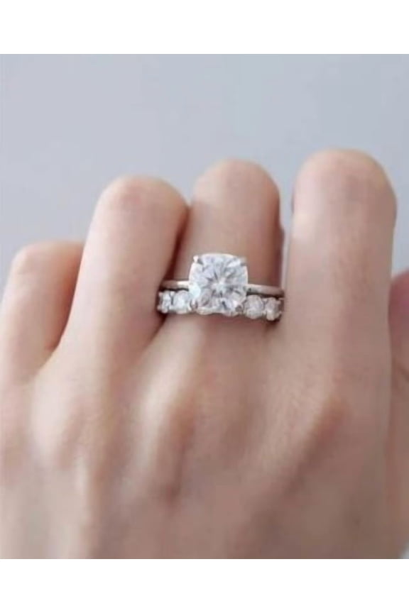 2 CT Cushion Cut Moissanite Prong Setting Ring Set with Round Accent Band in 925 Sterling Silver