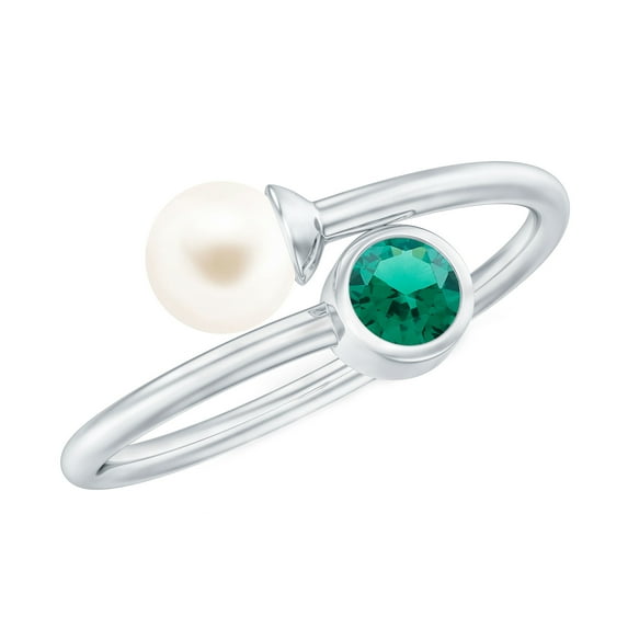 Rosec Jewels Cultured Freshwater Pearl Toi Et Moi Promise Ring - Pearl Emerald Ring for Women - AAA Quality - With Jewelry Box, 14K White Gold, US 4.50
